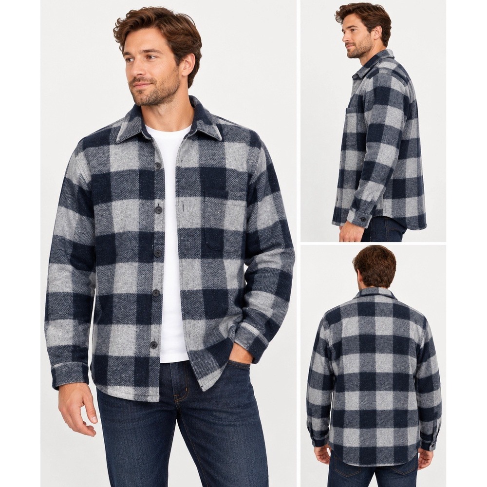 NEW! Banana Republic Heritage Plaid Flannel Shirt Jacket Outdoor Blue Gray SZ L